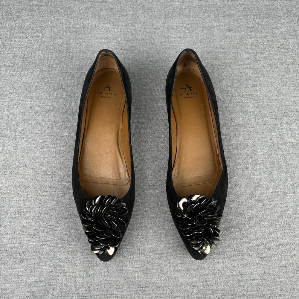 Aquatalia Ballet Flats Womens 7.5‎ Black Suede Leather Slip On Embellished Italy